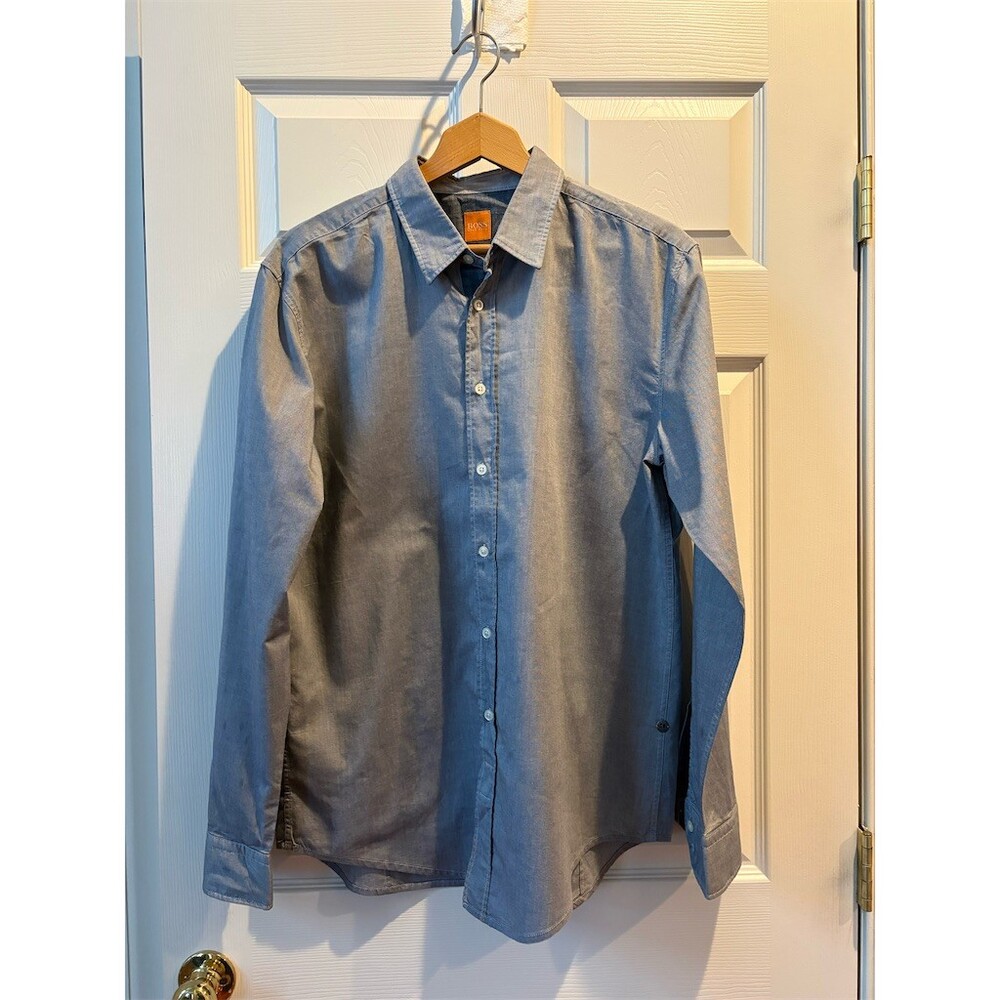 Hugo BOSS Orange Shirt Men's XL‎ Blue Solid Long Sleeve Button-Up Collared Logo